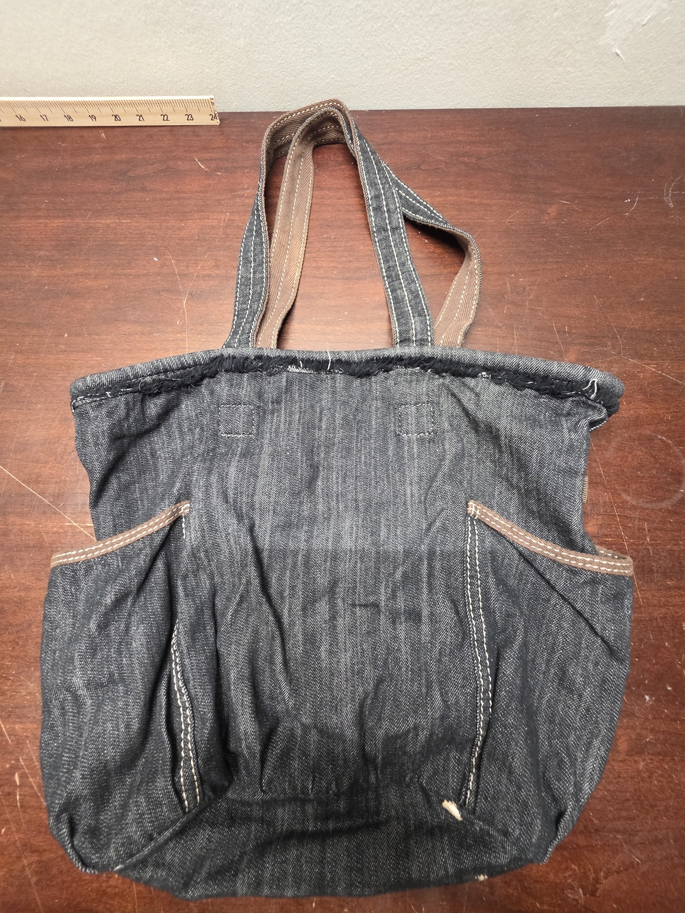 thirty-one gray denim tote with brown trim